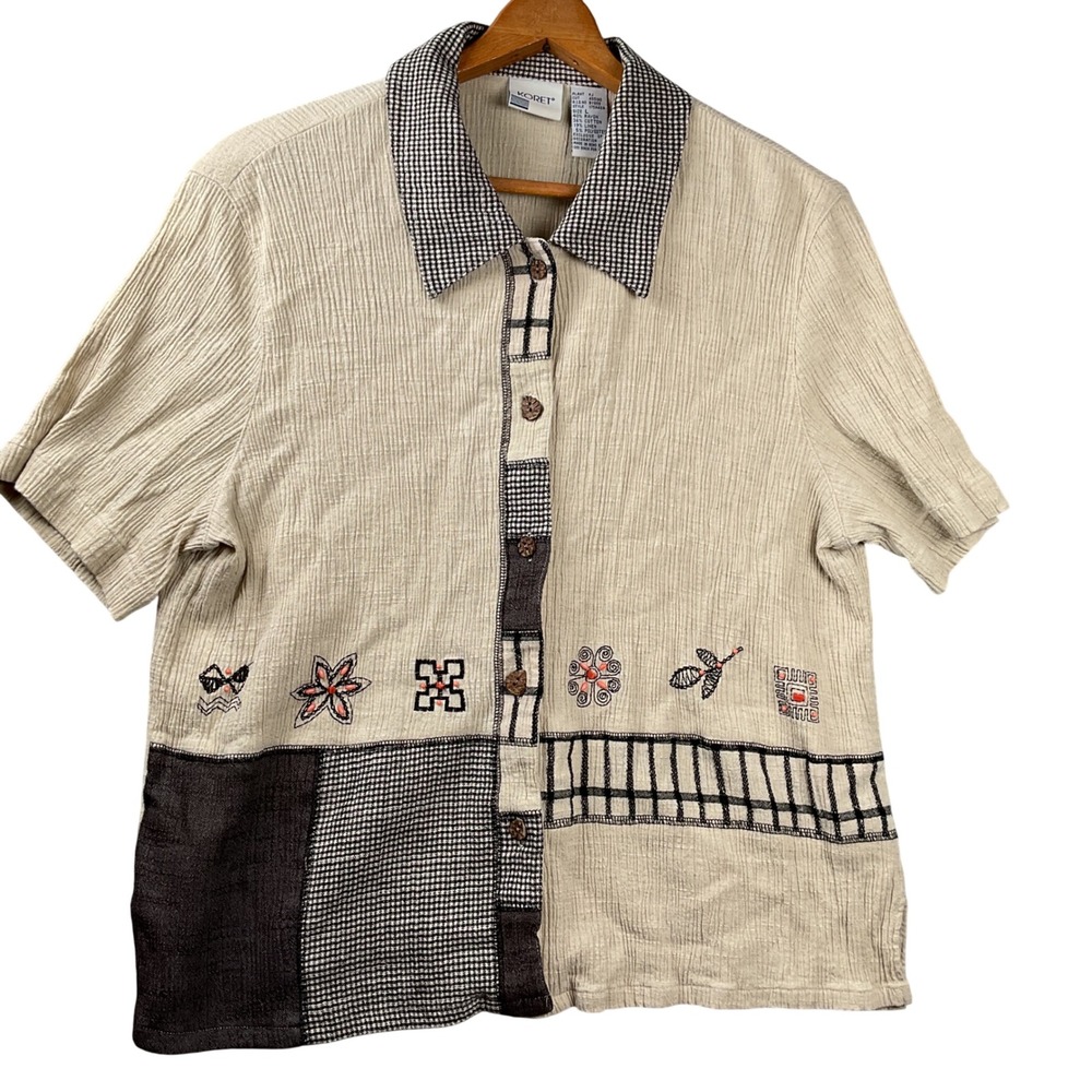 Koret Button Up Shirt Women linen blend Embroidered Beaded Gingham Art 2 Wear L